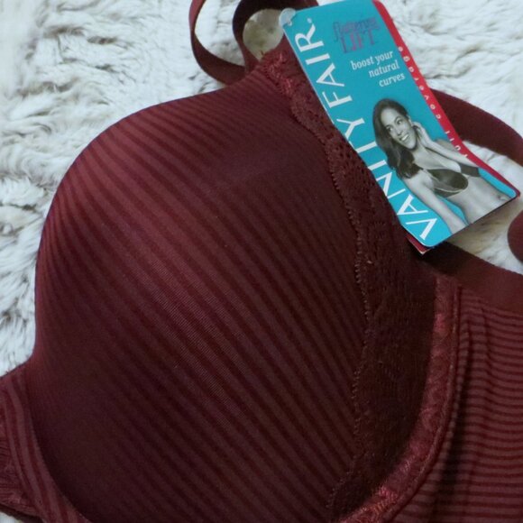 Women's Vanity Fair Flattering Lift Padded Burgundy Striped Lace Bra 38 C New - Picture 3 of 11